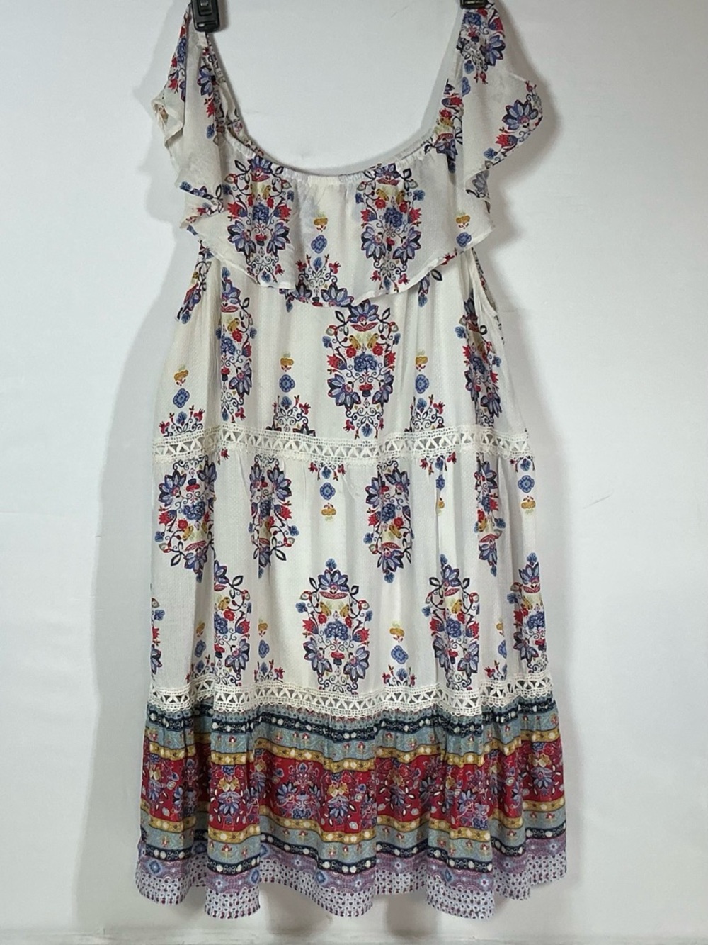 Eyeshadow Cream Floral Midi Dress with Blue, Red and Yellow Motif